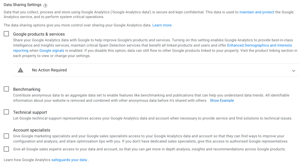 Google Analytics Data Sharing Settings